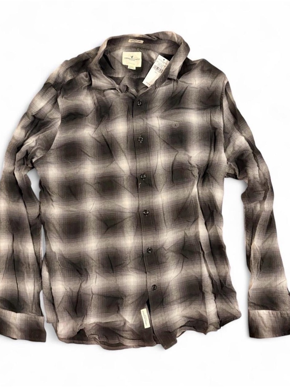 NWT American Eagle Seriously Soft Plaid Flannel Shirt Men's L Gray Black